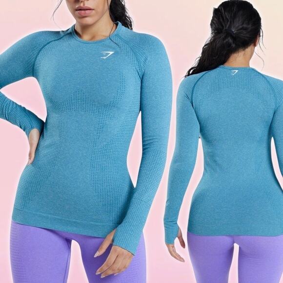 GYMSHARK Vital Seamless 2.0 Long Sleeve Top Sz Small Tahoe Teal Marl - Picture 1 of 6